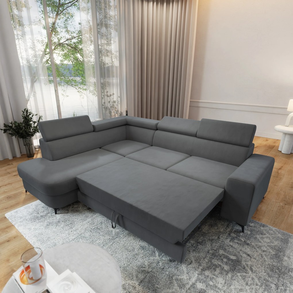 Masseno Narożnik ALVORO z funkcją spania i pojemnikiem na pościel Narozniki L, Rozkładana sofa - Szary, MATT VELVET 85