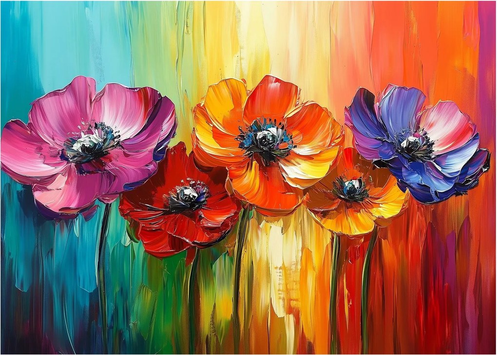 Obraz na szkle - Pięć kolorowych kwiatów (70x50 cm)