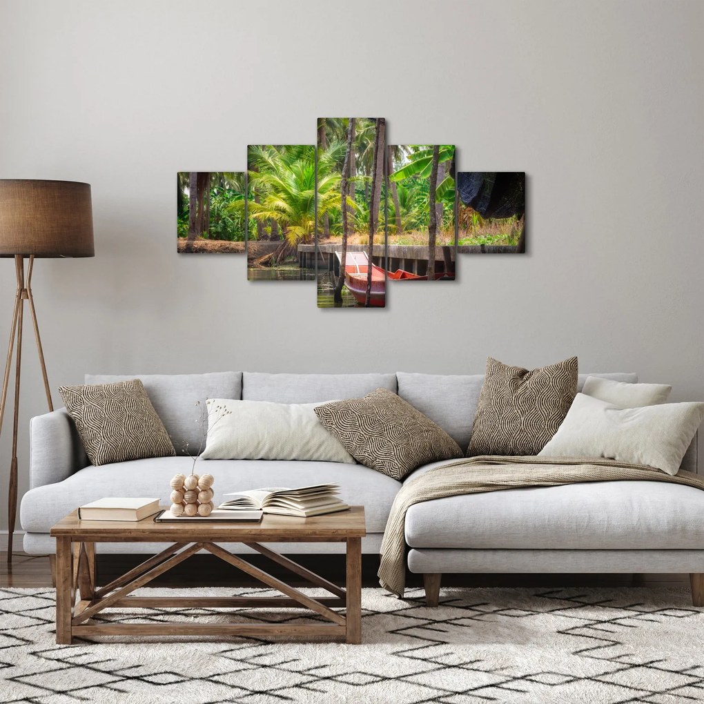 Obraz - Drewniana łódź na kanale, Tajlandia (125x70 cm)