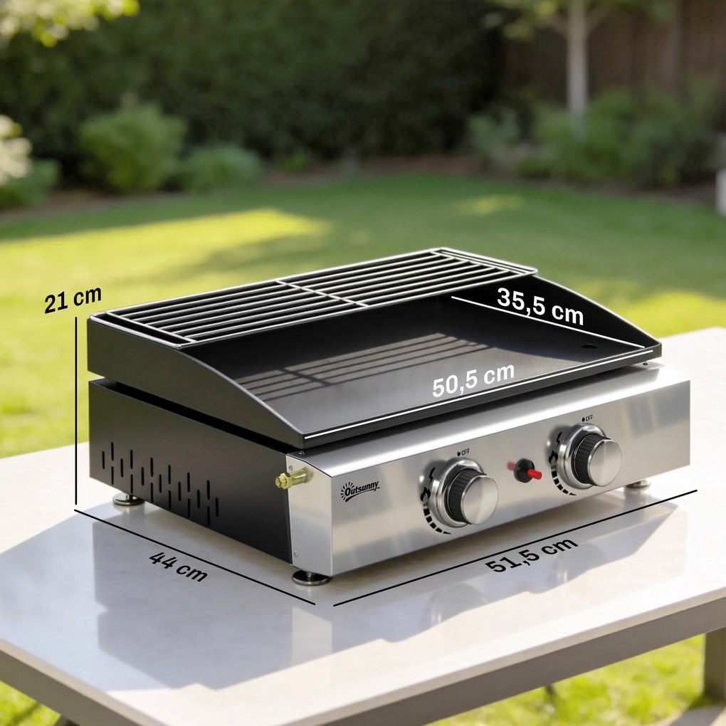 Outsunny Grill gazowy 5 kW przenośny stołowy z 2 palnikami, ceramiczną powłoką i rusztem podgrzewającym | Aosom PL