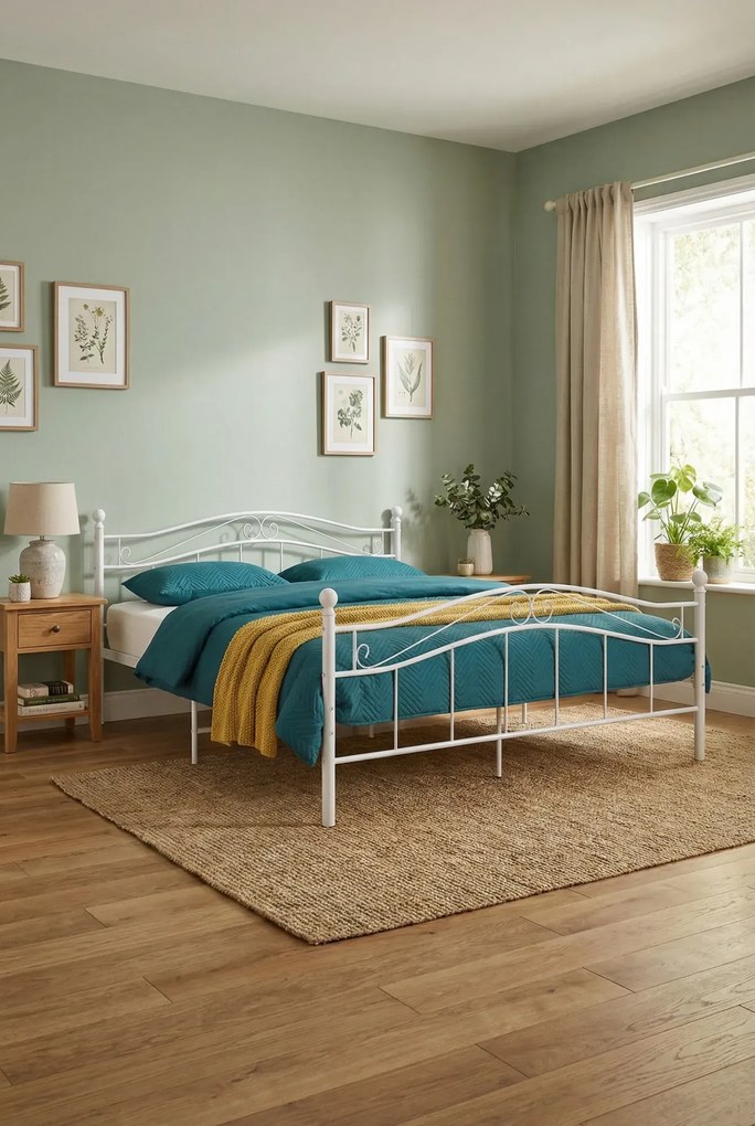 Białe Metalowe Łózko Małżeńskie 200X200 Cm F4-T02