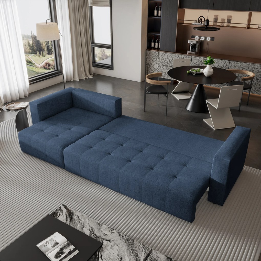 Masseno Narożnik OLVERA z funkcją spania i pojemnikiem na pościel Narozniki L, Rozkładana sofa - Niebieski, NEVE 77