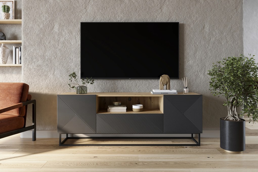 Szafka RTV Asha 167 cm z szufladą i metalowym stelażem - artisan / rivier stone mat