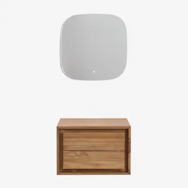 Zestaw Mebli Łazienkowych Z Drewna Tekowego Jabari Drewno Tekowe & Without Sink & Kwadratowa Lampa Led I Przeciwmgielna 75x75 Cm Riben & Bez Kranu -