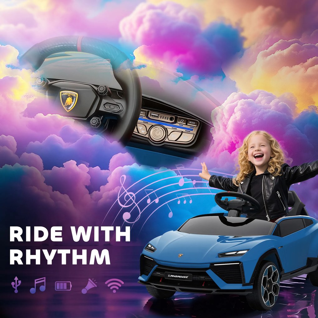 AIYAPLAY Elektryczny samochód dziecięcy 12 V z pilotem 2,4 GHz, LED i muzyką — 101,5 x 49 x 43 cm, niebieski