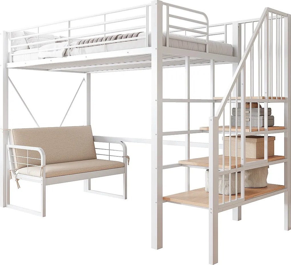 Łóżko na antresoli 90 x 200 cm - Konstrukcja metalowa - Z kanapą - Z drabiną - biały​ (materac nie jest wliczony w cenę)
