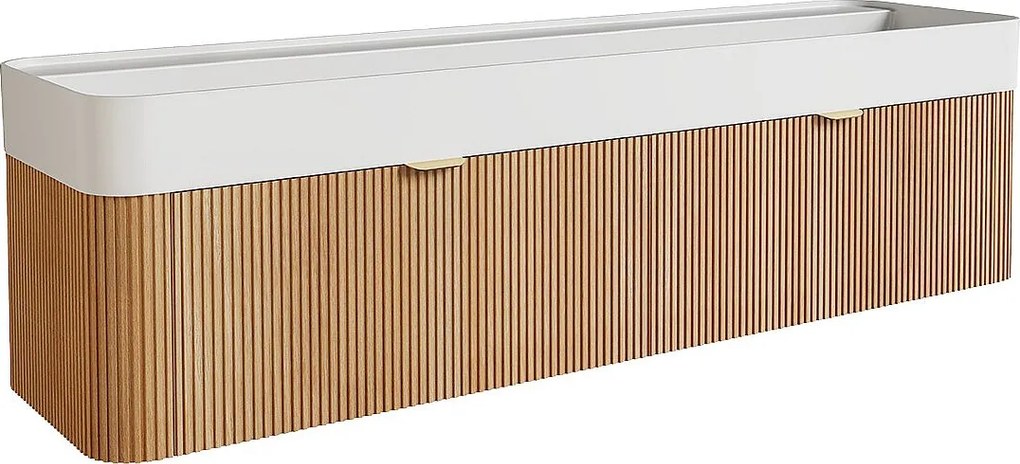 Wisząca szafka łazienkowa z prążkowanego drewna jesionowego z podwójną umywalką podblatową do zabudowy – Jasny naturalny – 150 cm – BULMAS