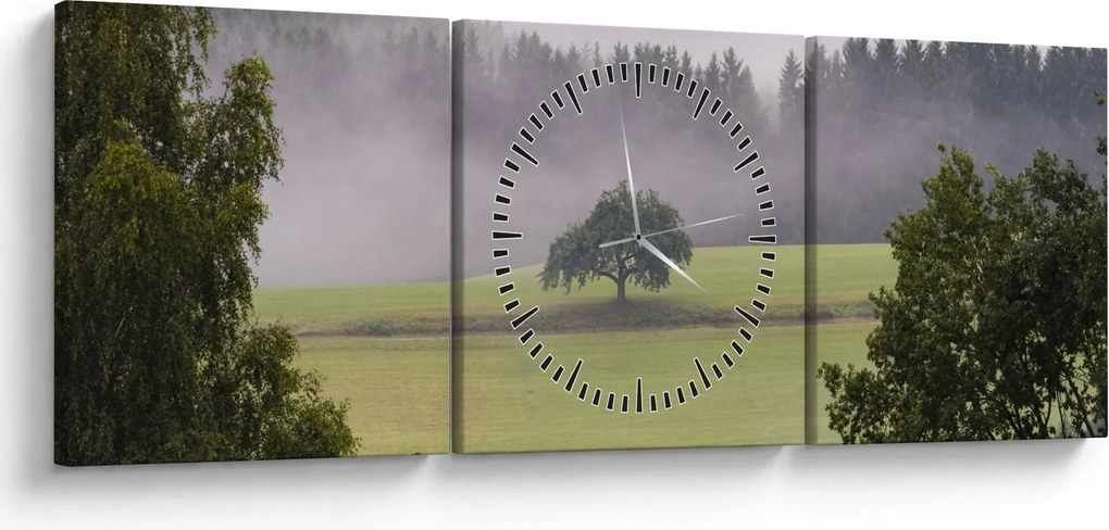 Obraz łąki z drzewem (z zegarem) (90x30 cm)