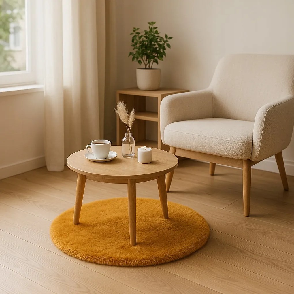 Dywanik futrzany musztardowy FI 60 cm dekoracyjny antypoślizgowy do salonu