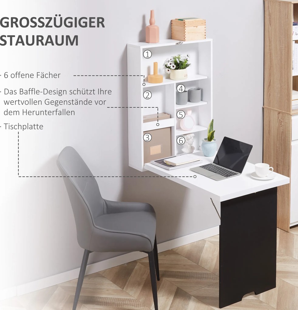 HOMCOM Biurko ścienne z tablicą, 5 półkami, składane biurko komputerowe do biura, białe+czerne 60 x 94,5 x 147 cm