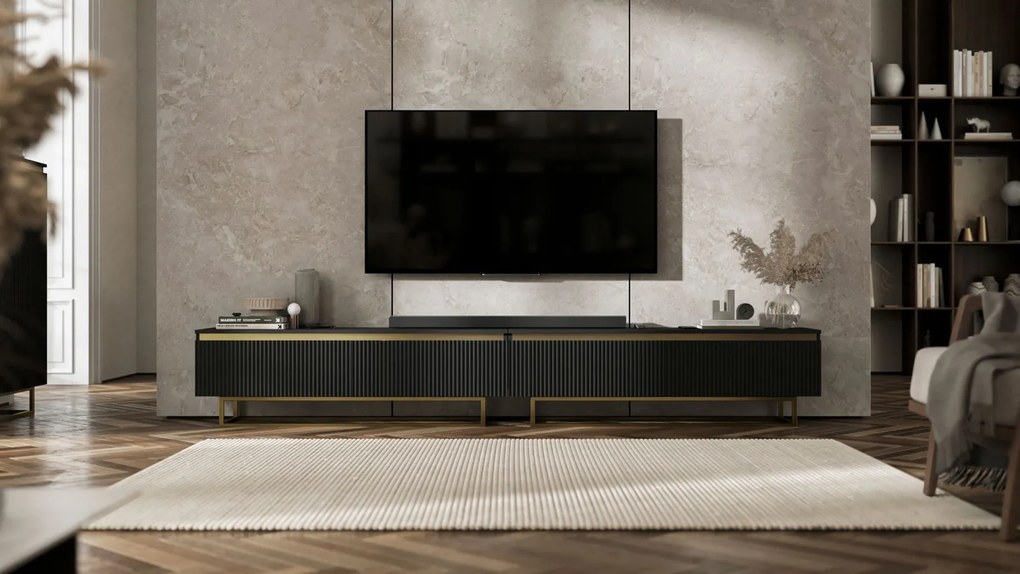 Podwójna szafka pod telewizor Selene 280 cm, czarna na złotych płozach