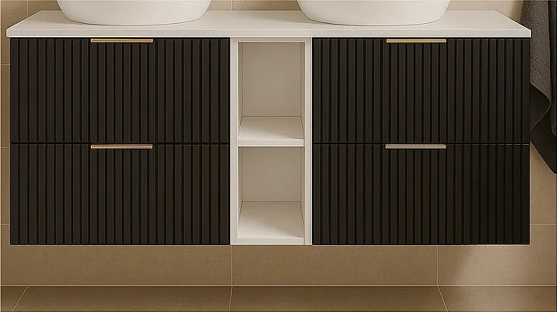 Szafka łazienkowa ryflowana FLOW 140 cm czarna z białym regałem i blatem