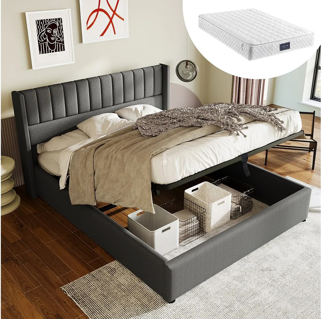 Łóżko z pojemnikiem 160x200 cm - Łóżko dla dorosłych z zagłówkiem - len szary - materac w komplecie