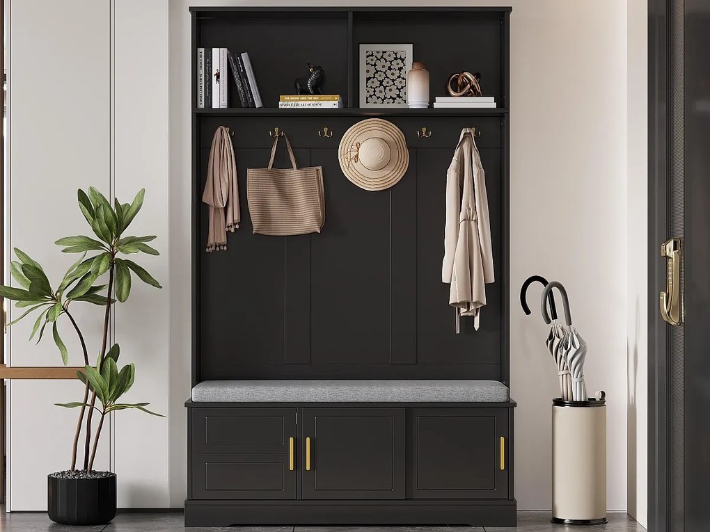 Nowoczesna szafa na przedpokoju - z 6 hakami i 3 drzwiami - z ławką i otwartymi półkami - Czarna