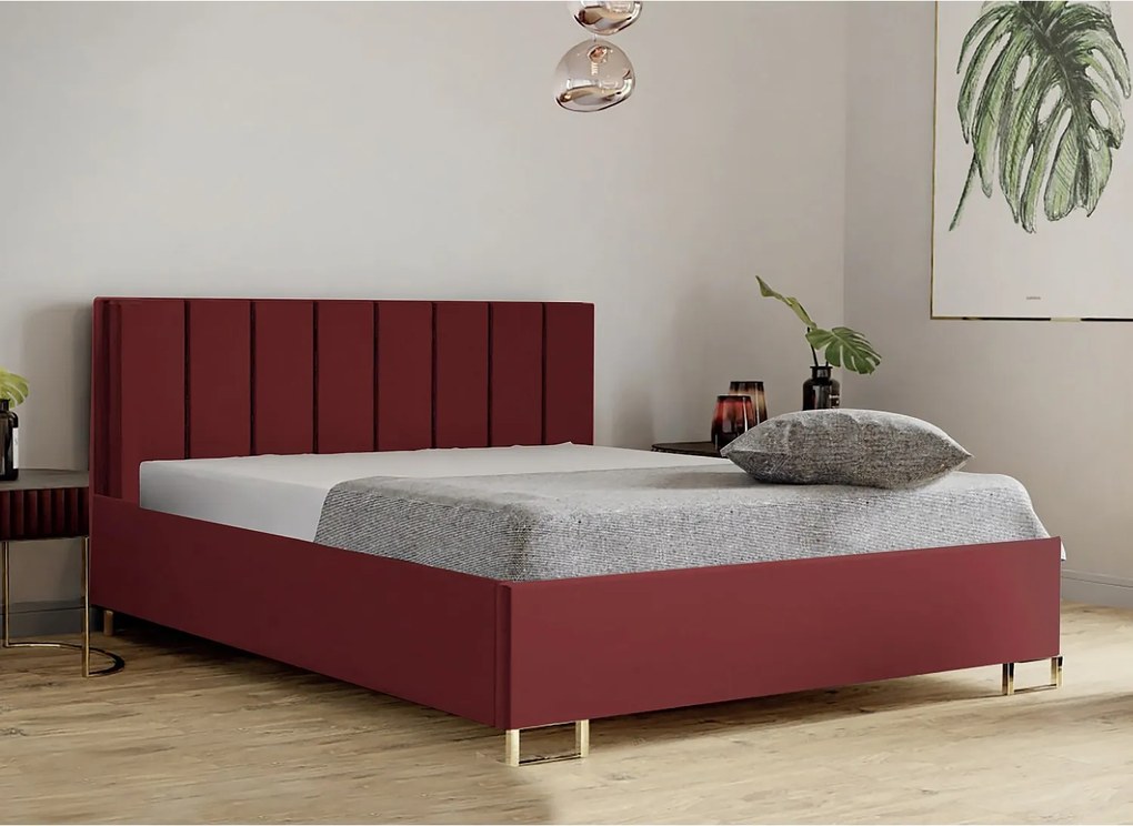 Łóżko tapicerowane MALIBU, wezgłowie, obicie MONOLITH, pojemnik na pościel, podnośnik gazowy, wysokość spania 39 cm, 120x200 cm, Bordowy