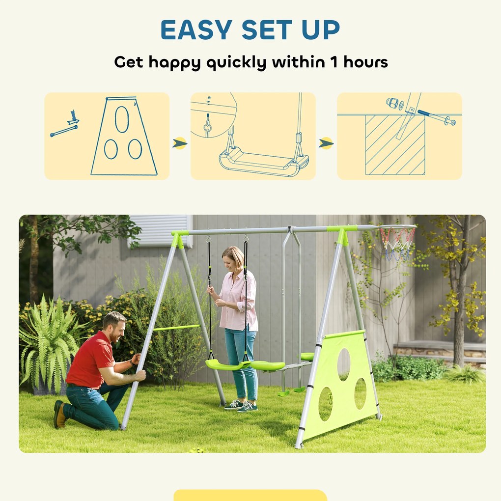 AIYAPLAY Zestaw huśtawkowy dla dzieci, 2 siedziska huśtawkowe, 1 kosz do koszykówki, 1 bramka do piłki nożnej, stelaż metalowy, zielony