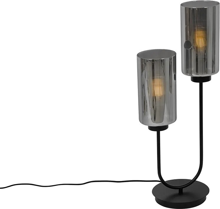 Lampa stołowa art deco czarna z przydymionym szkłem 2-światła - Laura