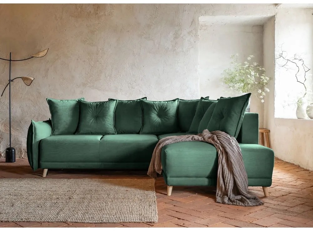 Zielony sztruksowy rozkładany narożnik (prawostronny) Lazy Lukka – Miuform