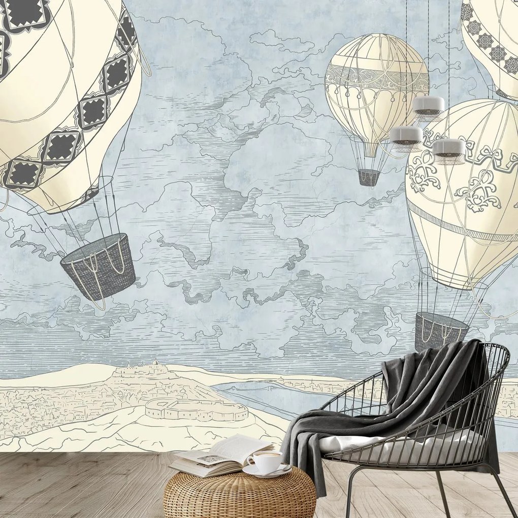 Fototapeta - Balony nad miastem, chłodne odcienie (196x136 cm)