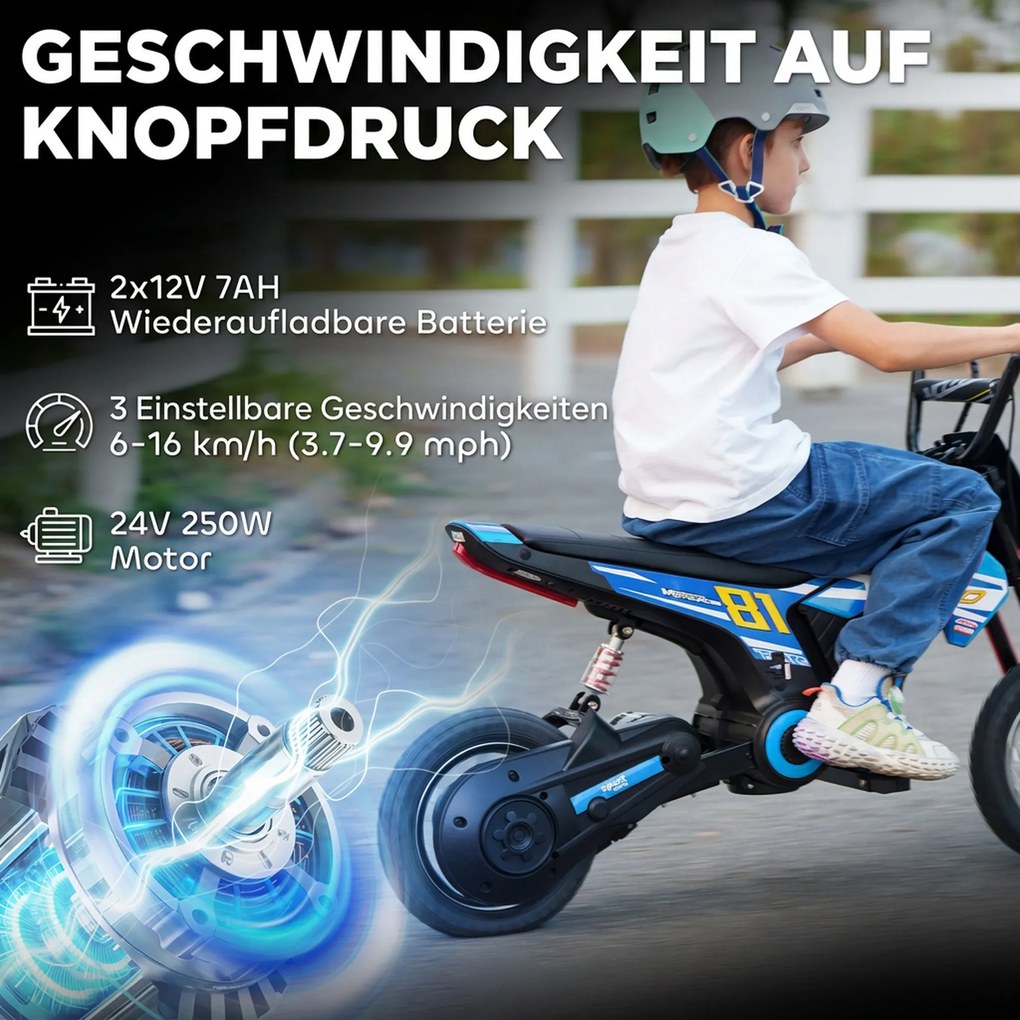 AIYAPLAY Elektryczny motocykl dziecięcy 24 V Motocross z silnikiem 250W, akumulator 7Ah, tylne zawieszenie, hamulec tarczowy, 16 km/h, 8–12 lat | Aosom PL