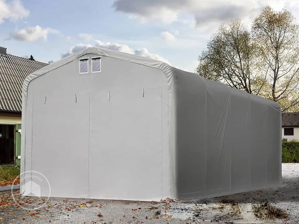 TOOLPORT 5x10m Namiot garażowy - 2,6 m wysokość ścian bocznych z 4,1x2,5m brama, PVC 850, szary, bez statyki - (99481)