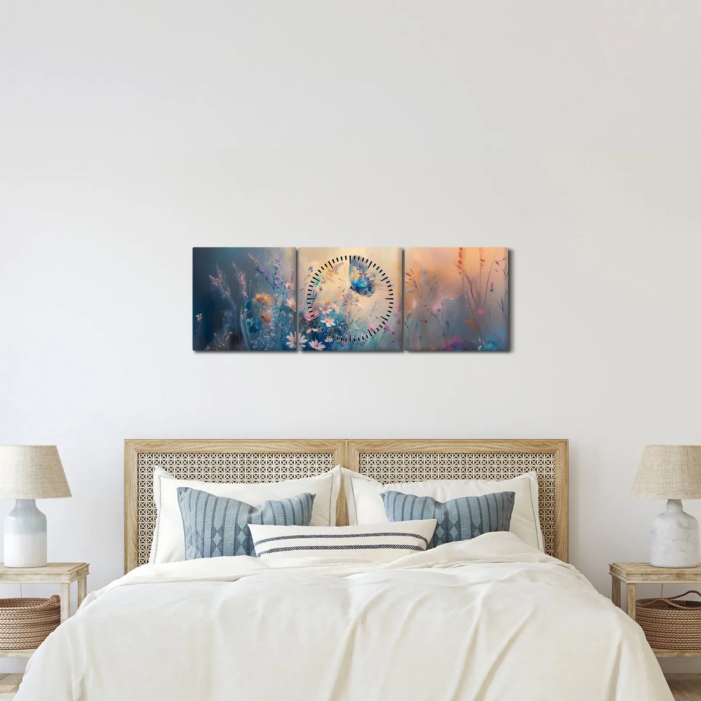 Obraz - Łąka z motylem (z zegarem) (90x30 cm)