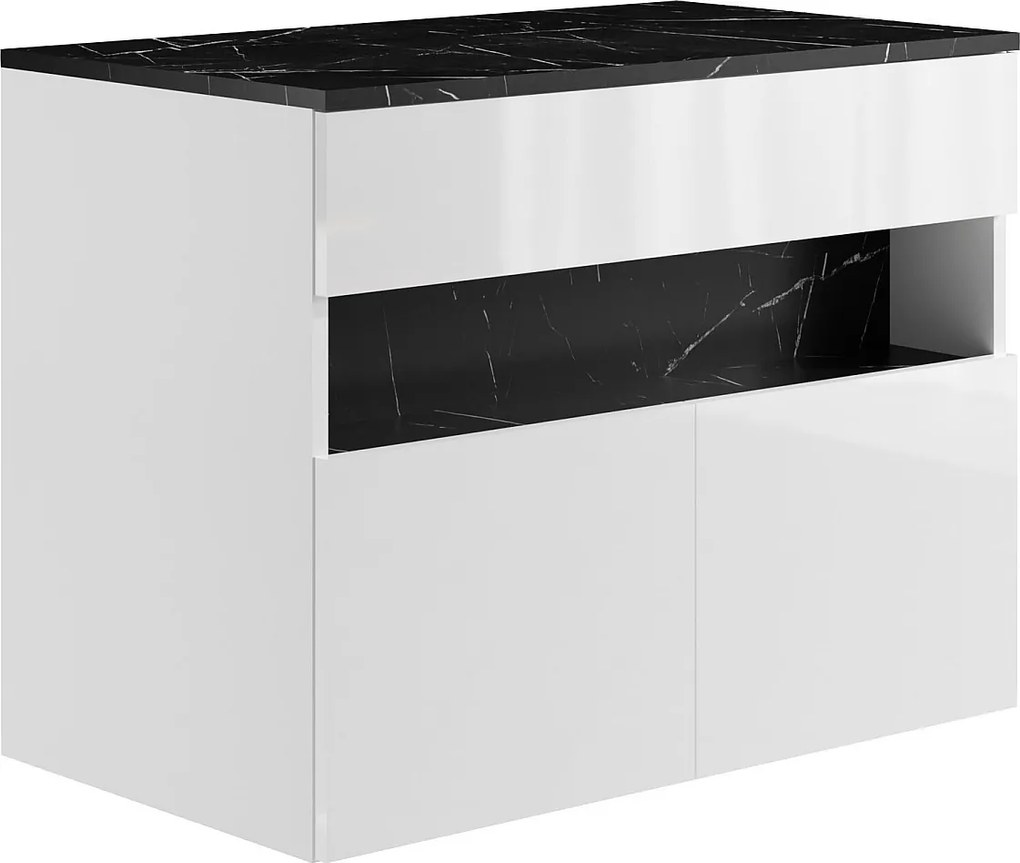 Szafka pod umywalkę wisząca z oświetleniem LED i blatem - Biały i czarny z efektem marmuru - szer. 80 cm - POZEGA