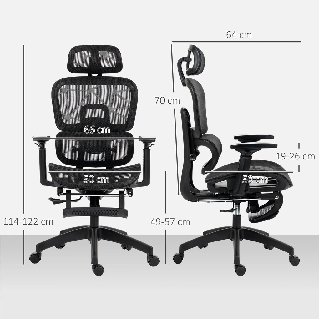 HOMCOM Fotel biurowy ergonomiczny regulowany krzesło na kółkach z siatką podłokietniki zagłówek czarny wygodny | Aosom PL