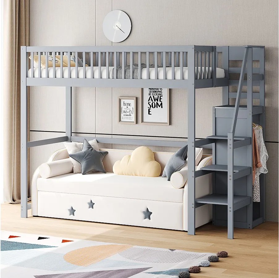 Łóżko piętrowe 90 x 200 cm z szafą i schodami - Drewno lite + sklejka + MDF - Szare (Bez materaca)
