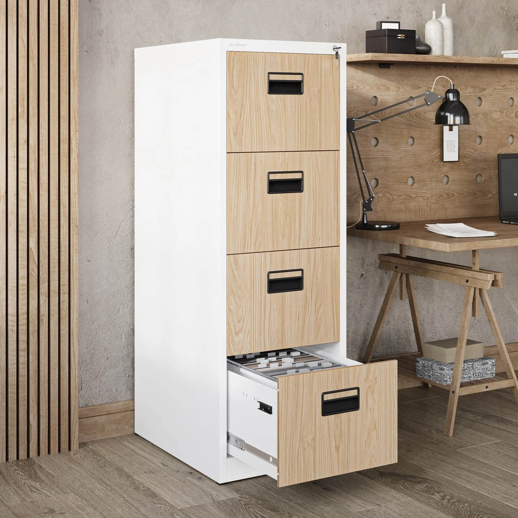 Metalowa szafa kartotekowa SARA V4, 460 x 1320 x 620 mm, Eco Design: biała/ dąb sonoma