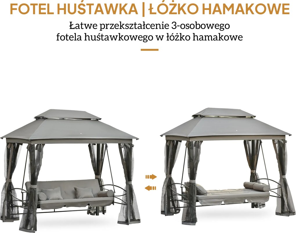 3osobowa huśtawka ogrodowa z dachem i ściankami bocznymi Funkcja odchylania Pawilon w kolorze beżowym | Aosom PL