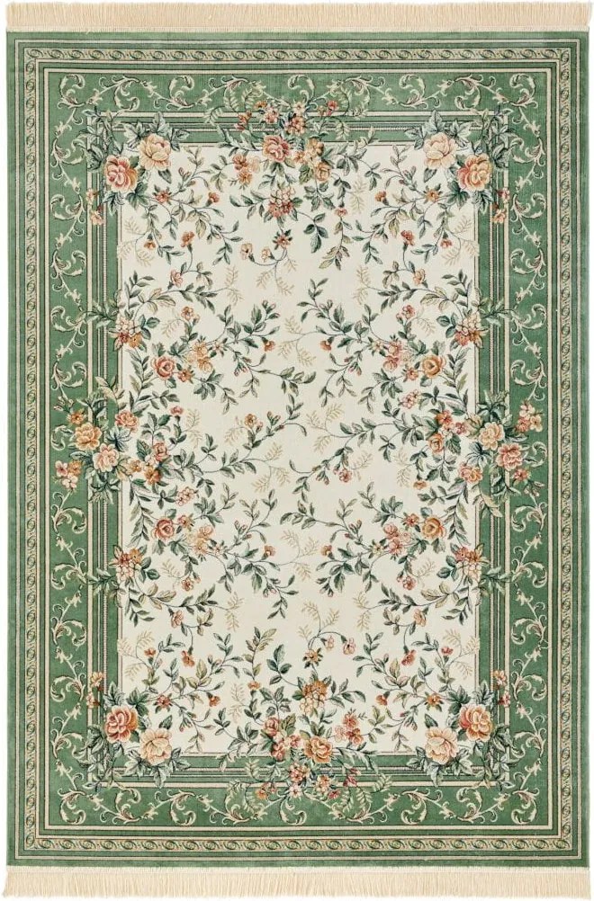 Dywan elegancki Naveh orientalny z frędzlami Kwiatki Kremowo-Zielony 95 cm x 140 cm
