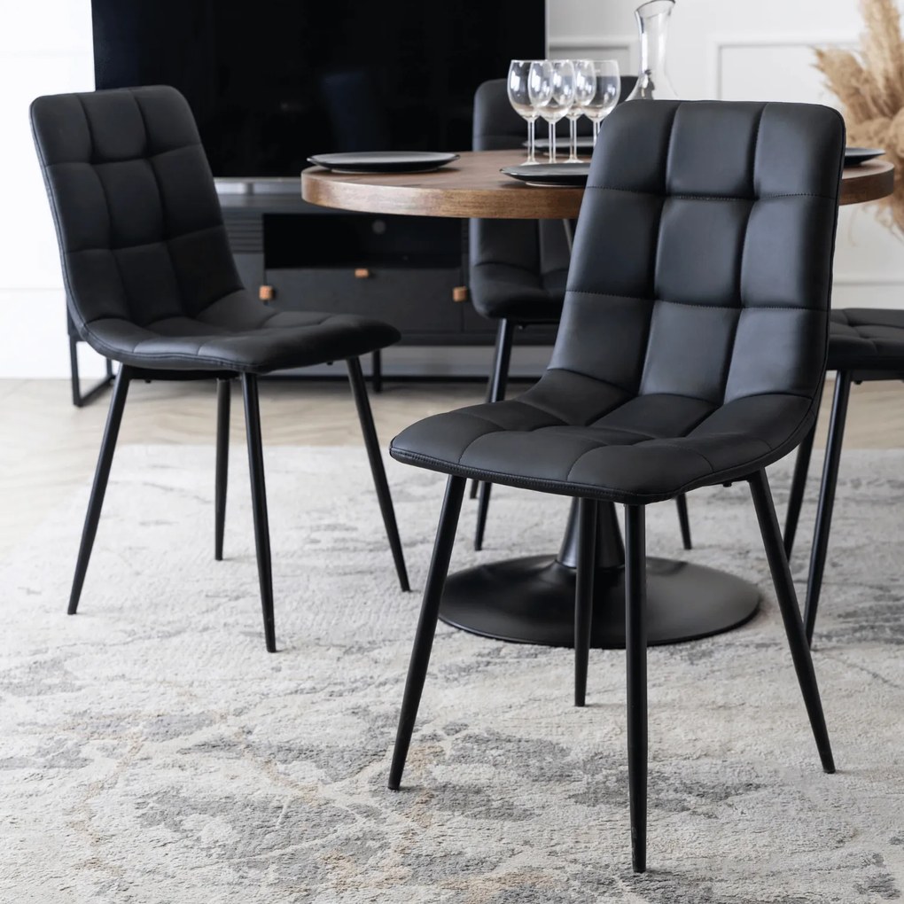 Zestaw Stół Okrągły LINO 100 cm Dąb Rustykalny/Czarny i 4 Krzesła DALVIN Czarne Ekoskóra Nowoczesne Loft