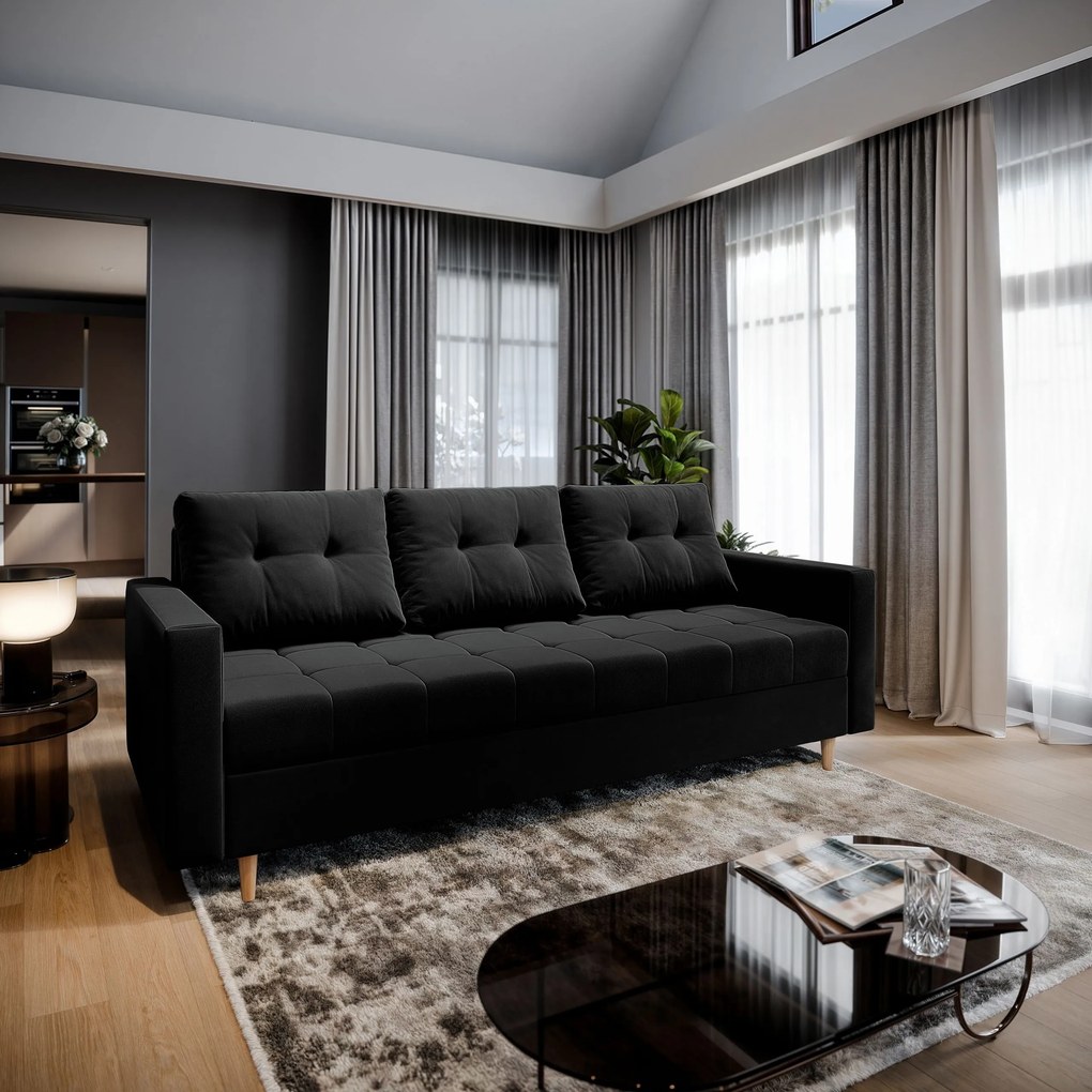 Masseno Sofa MILO z funkcją spania i pojemnikiem na pościel, Rozkładana sofa - Czarny, KRONOS 07