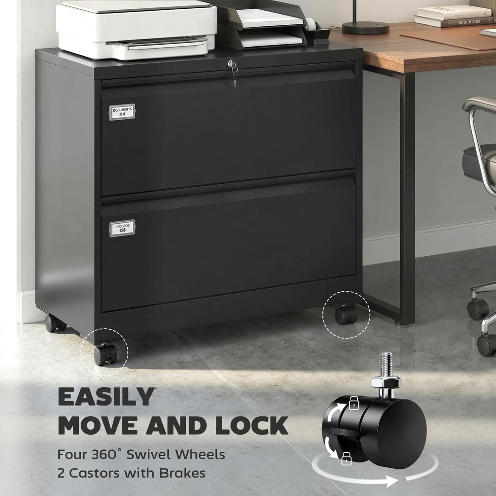HOMCOM Szafka na dokumenty z 2 szufladami, zamykana, z regulowanym systemem zawieszek na teczki, 90 x 40 x 77,4 cm, czarna | Aosom PL