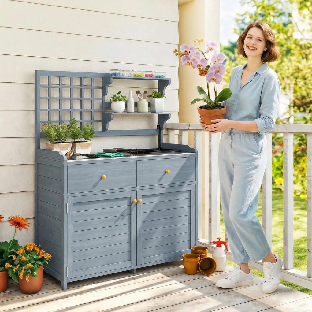 Outsunny Stół do sadzenia z szafką na zewnątrz, drewno, szafka ogrodowa z ocynkowaną powierzchnią roboczą, 2 szuflady, 104x44x140 cm jasnoszary | Aosom PL