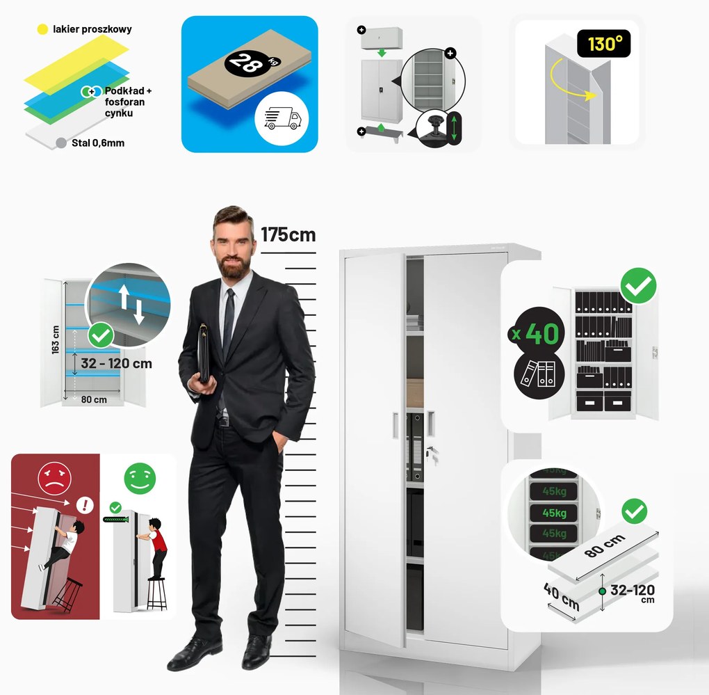 Szafa metalowa biurowa biała: JAN Compact 1750 x 800 x 400 mm