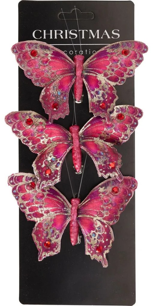 Zestaw ozdób świątecznych Motyle, czerwony, 12x8x2 cm, z klipsem, zestaw 3 szt.