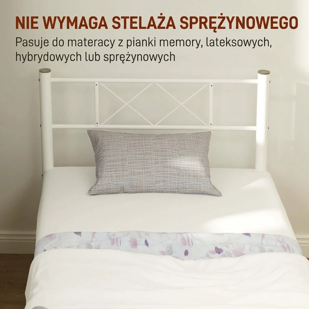 HOMCOM Jednoosobowe Łóżko z Wysokim Zagłówkiem, Łatwy Montaż, Przestrzeń Do Przechowywania pod Łóżkiem, Stal, Białe