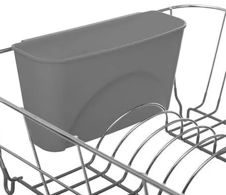 Ociekacz na naczynia, metalowa konstrukcja z plastikowym pojemnikiem na sztućce.
