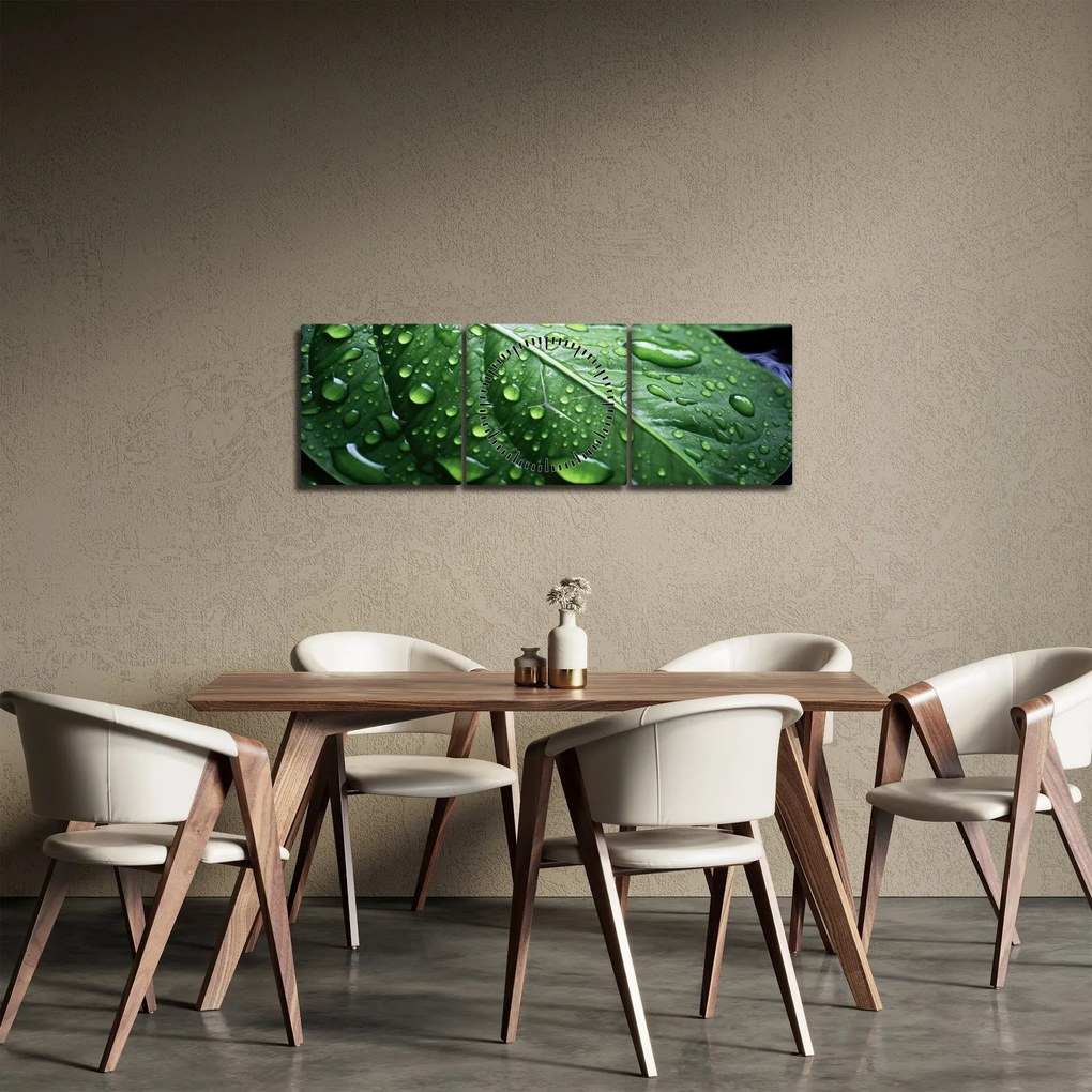 Obraz - Szczegół liścia po deszczu (z zegarem) (90x30 cm)