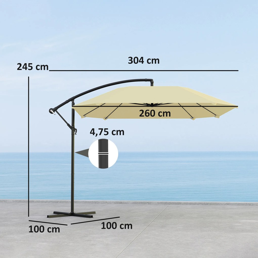 Outsunny Parasol Aluminiowy Ø 260 cm z Korbką, Wodoodporny, z Podstawą, Korbką, Beżowy