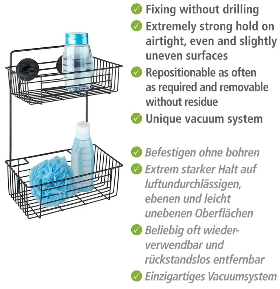 Czarna ścienna dwupoziomowa półka łazienkowa Wenko Vacuum-Loc® Pavia