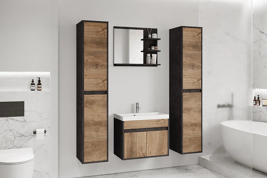 Nowoczesny zestaw mebli łazienkowych 4 elementy – szafka z umywalką, słupki, lustro matera/kasztan mat