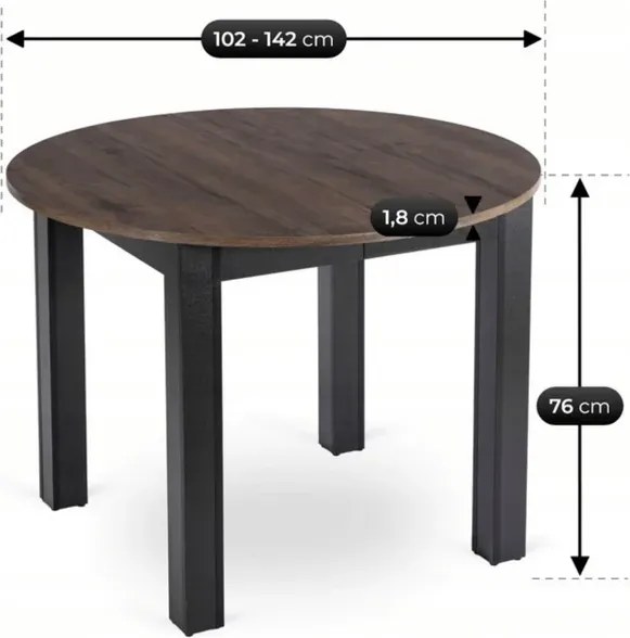 Stół Okrągły Rozkładany HARRY 102-142 cm Orzech/Czarny Loft