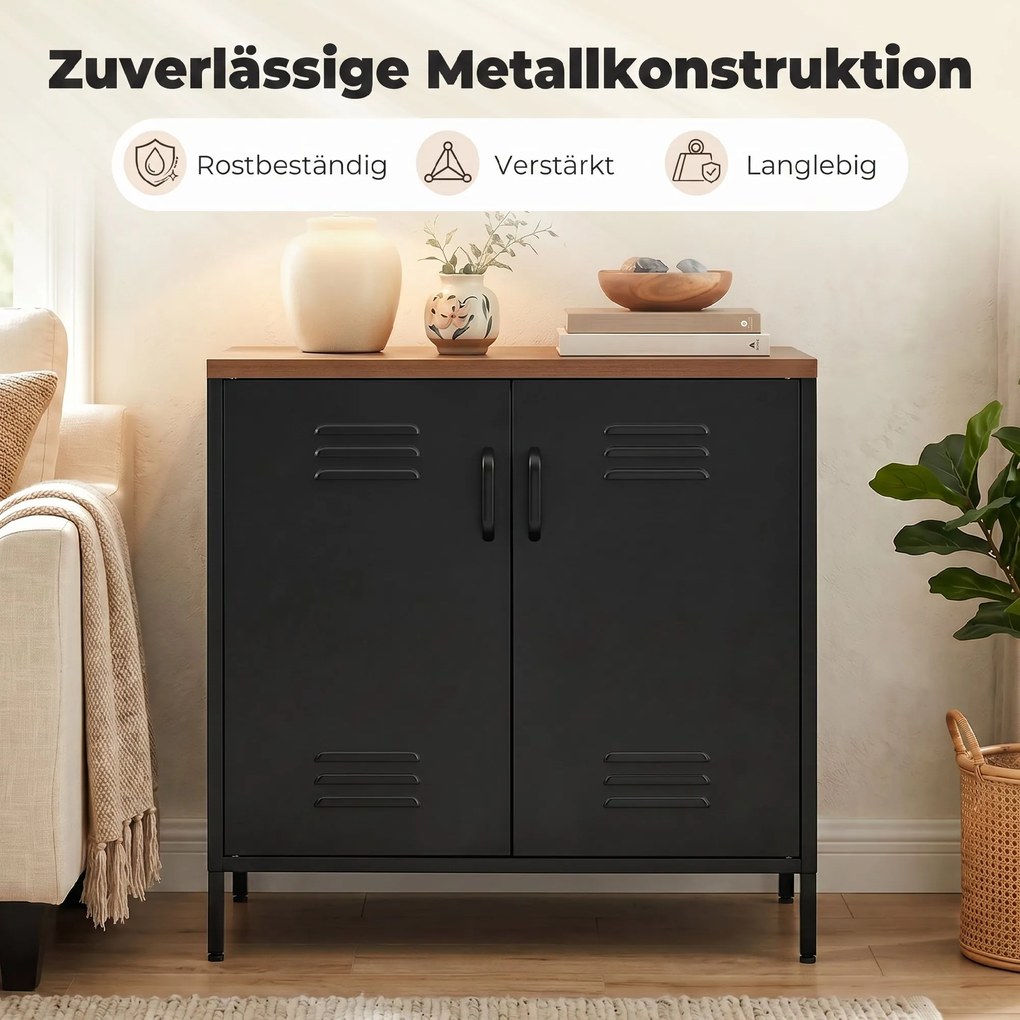 HOMCOM Metalowe sideboard, 80x40x80 cm, przemysłowa szafka do przechowywania z 2 drzwiami i regulowaną półką do salonu, biura, Czarny | Aosom PL