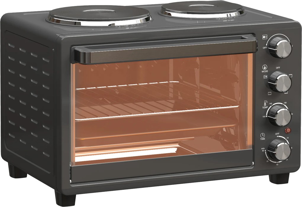 HOMCOM 28 L Mini Piekarnik, Kompaktowy Piekarnik do Gotowania i Grillowania, Elektryczny Piec z Blachą, Rusztem, 2600W - Czarny