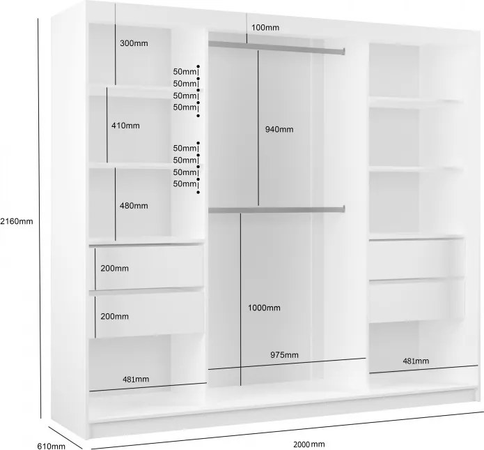 Szafa biała z lustrem przesuwna na ubrania NELI 200 cm szuflady
