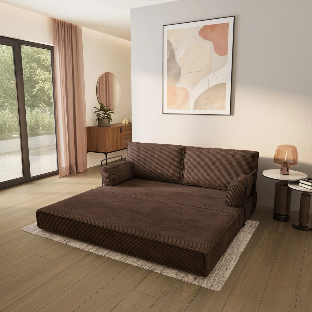 Masseno Sofa piankowa SILAR z funkcją spania, Kanapa z pianki do salonu, Bezmontażowa, Tkanina sztruksowa – Brązowy POSO 06