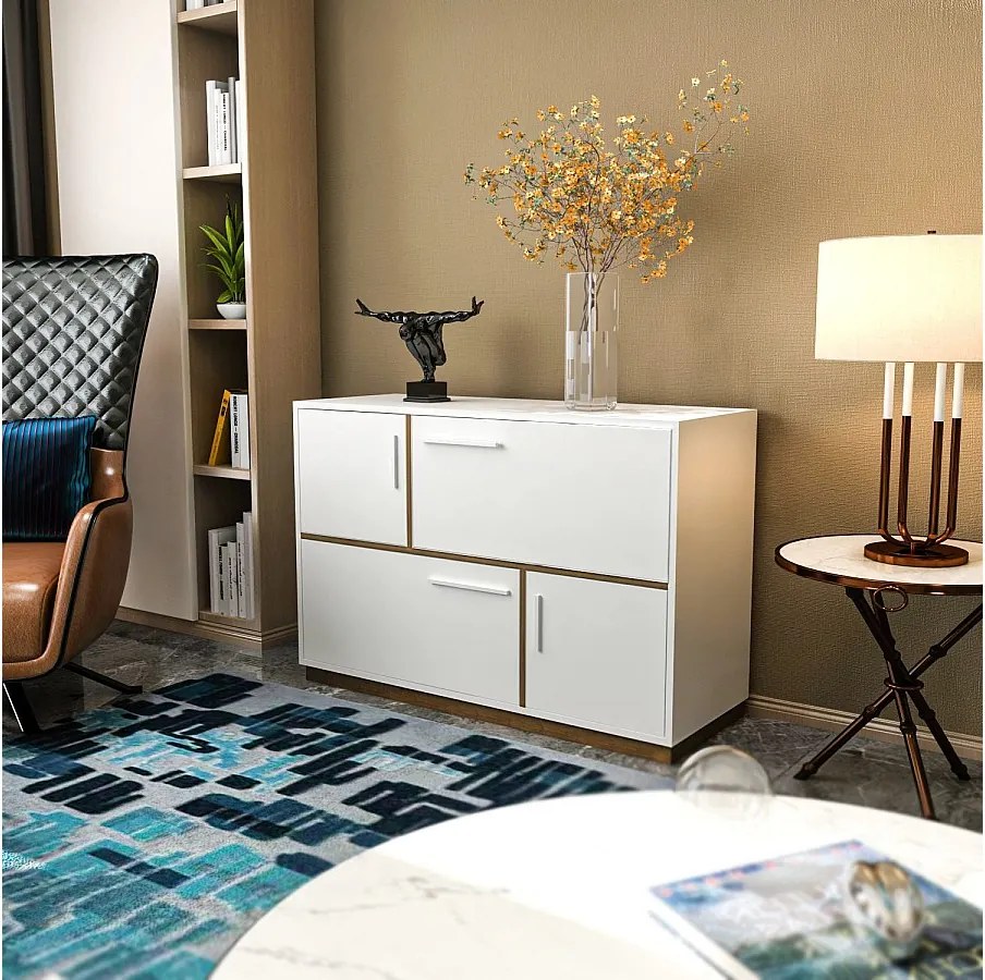 Nowoczesna komoda, kolor biały i orzechowy, 120 x 45 x 81,6 cm | Płyta wiórowa pokryta melaminą w 100%, grubość 18 mm | Elegancka i funkcjonalna ozdob